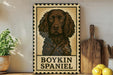 A framed poster of a Boykin Spaniel dog is displayed on a shelf, accompanied by a wooden cutting board, a potted plant, and some lemons.