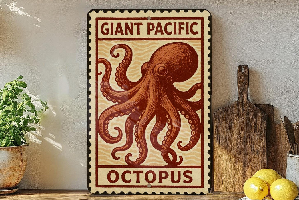 a vintage-style sign with an illustration of an octopus, placed on a wooden surface next to a wooden cutting board and some lemons.