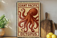 a vintage-style sign with an illustration of an octopus, placed on a wooden surface next to a wooden cutting board and some lemons.