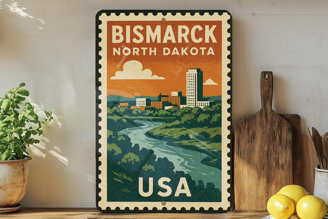 A vintage-style metal sign with a colorful illustration of a cityscape and a river, along with the text "BISMARK NORTH DAKOTA USA".