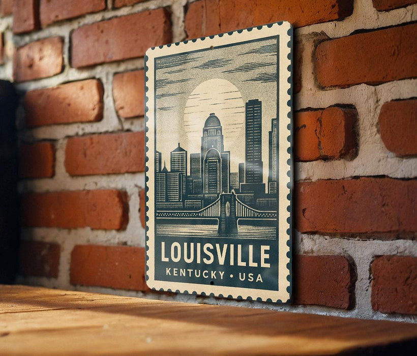 A vintage-style postage stamp featuring the skyline of Louisville, Kentucky, USA.