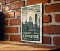 A vintage-style postage stamp featuring the skyline of Louisville, Kentucky, USA.
