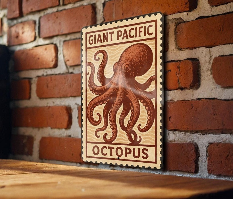 a large, detailed illustration of an octopus on a wooden surface, mounted on a brick wall.