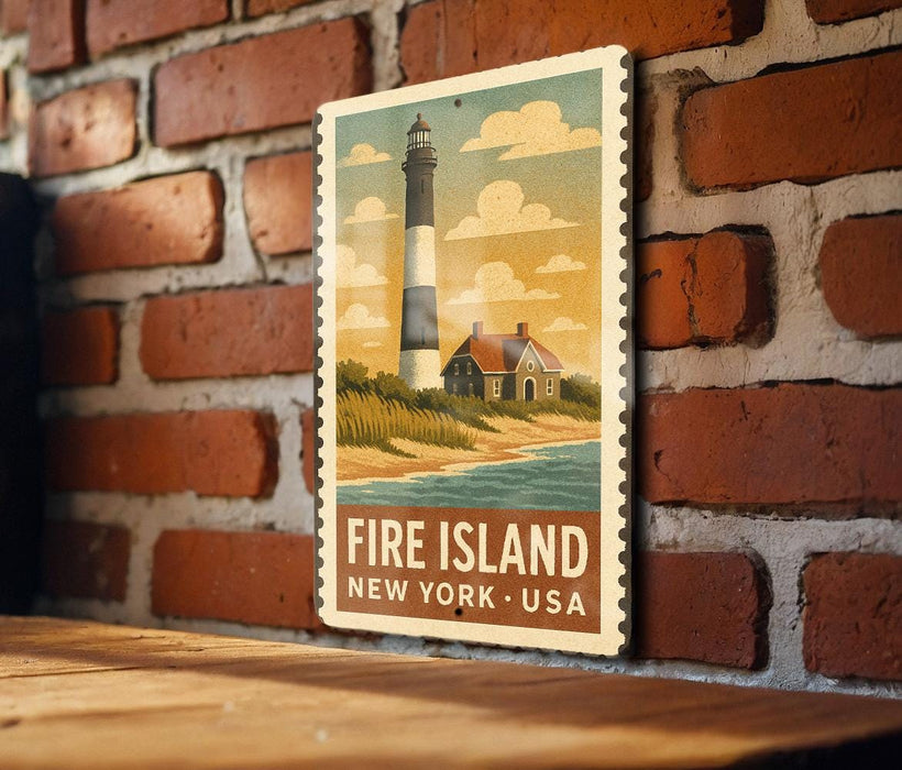 A vintage-style metal sign depicting a lighthouse on Fire Island, New York, USA, mounted on a brick wall.