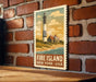 A vintage-style metal sign depicting a lighthouse on Fire Island, New York, USA, mounted on a brick wall.
