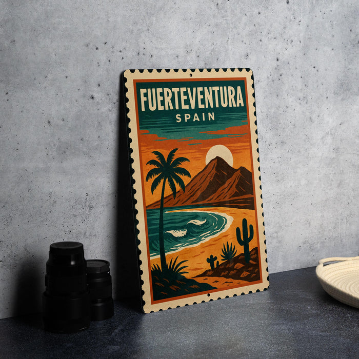A vintage-style metal sign with a tropical landscape depicting a beach, palm trees, and mountains, along with the text "FUERTEVENTURA SPAN" on it.