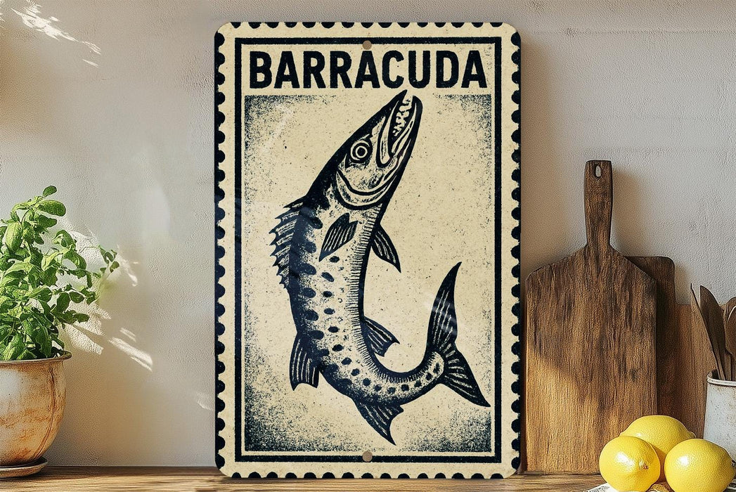 a decorative sign with a fish illustration, placed on a wooden surface next to a potted plant and a wooden cutting board.