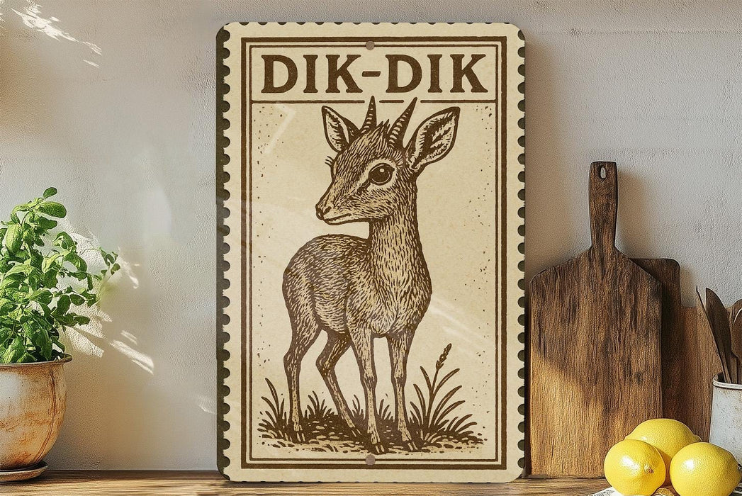 a wooden sign with a deer illustration, placed on a shelf next to a potted plant and a cutting board.