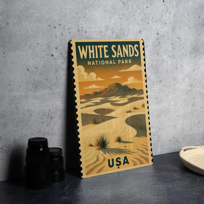 A vintage-style poster of White Sands National Park, featuring a desert landscape with mountains and a cactus in the foreground.
