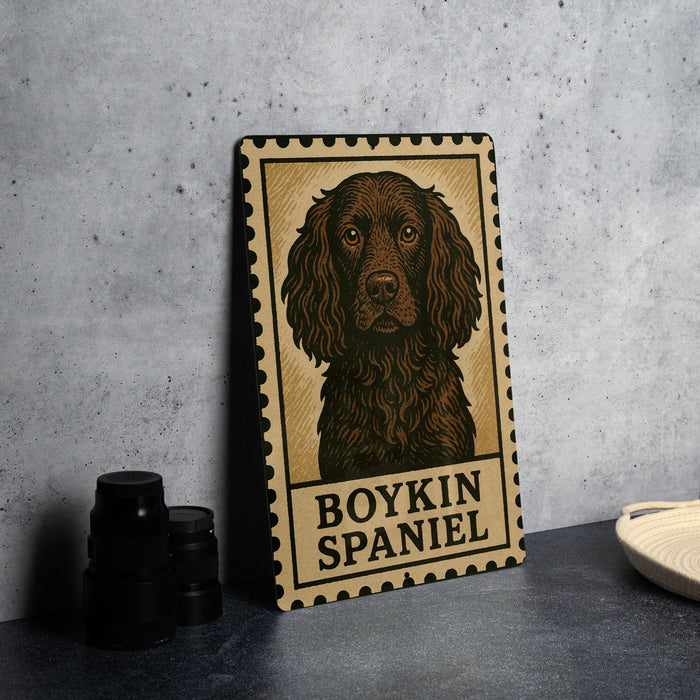 A metal sign featuring a brown and black illustration of a Boykin Spaniel dog, with the text "BOYKIN SPANIEL" prominently displayed.