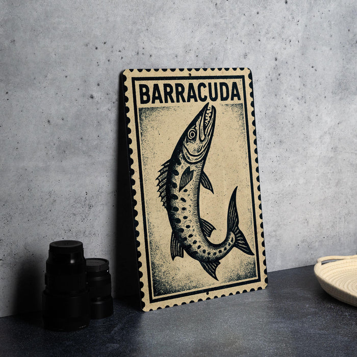 a framed print of a fish, specifically a Barracuda, with the word "Barracuda" written on it. The print is placed on a table next to some black camera lenses.