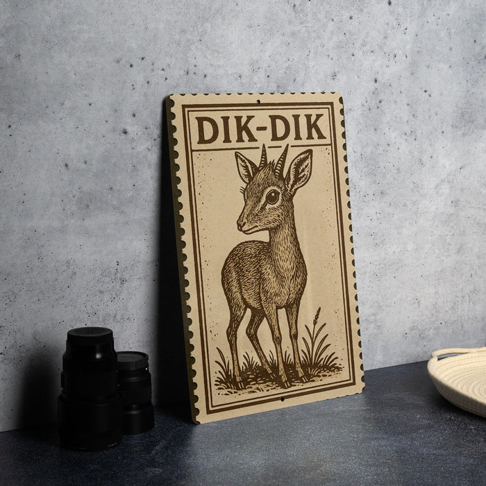 a wooden sign with a deer illustration, placed on a table next to some black camera lenses.
