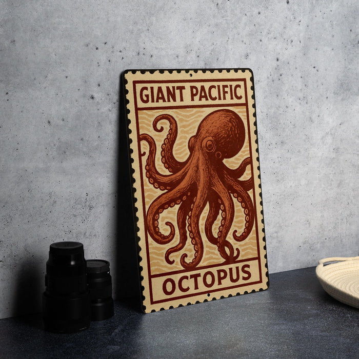a large, detailed illustration of an octopus on a sign, with the text "Giant Pacific Octopus" prominently displayed.
