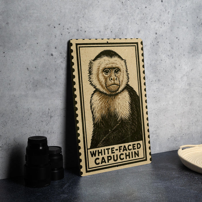 a framed illustration of a white-faced capuchin monkey on a wooden surface.