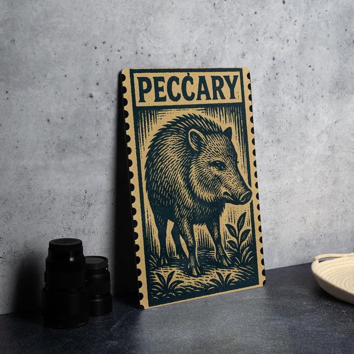a wooden frame with a detailed illustration of a wild boar, and there are some black camera lenses placed next to it on a table.