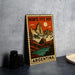A vintage-style metal sign with a mountain landscape and a lake, featuring the text "MONTE FITZ ROY ARGENTINA" and a moon in the sky.