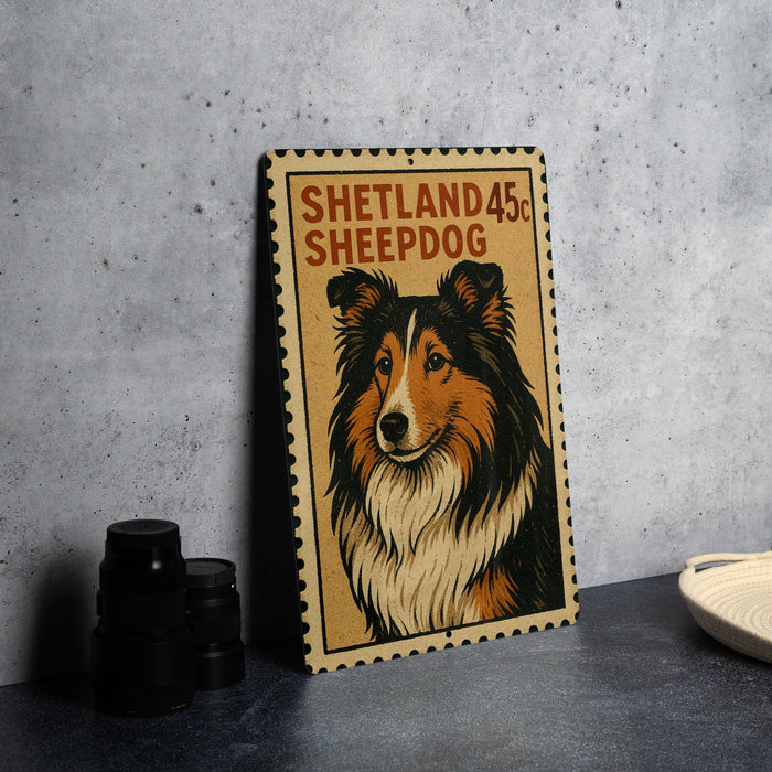 A metal sign featuring a close-up illustration of a Shetland Sheepdog, with the text "Shetland 45c" printed on it.