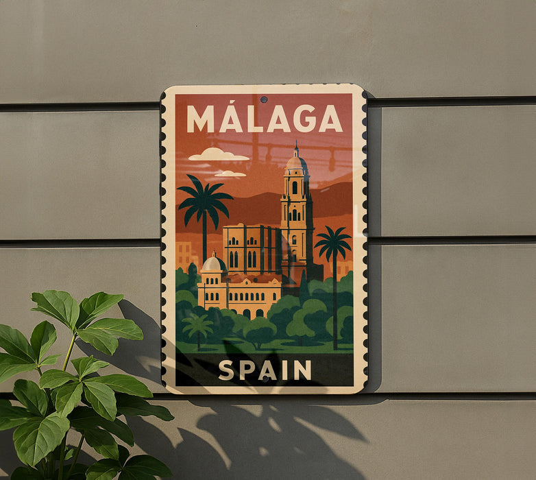 A vintage-style sign for Malaga, Spain, featuring a colorful illustration of the city's landmarks and architecture.