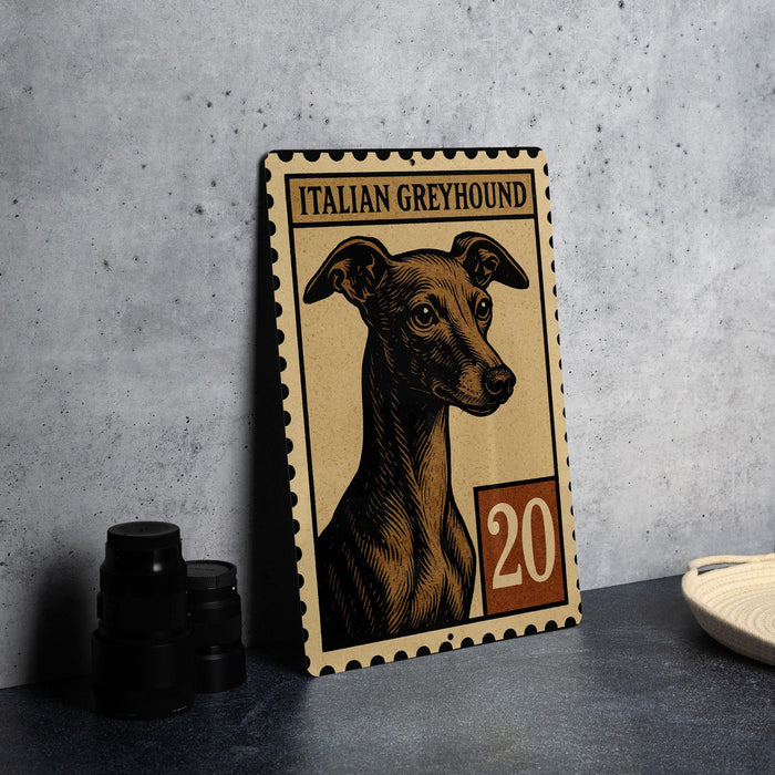 a metal stamp with an illustration of an Italian Greyhound dog, along with the number 20.