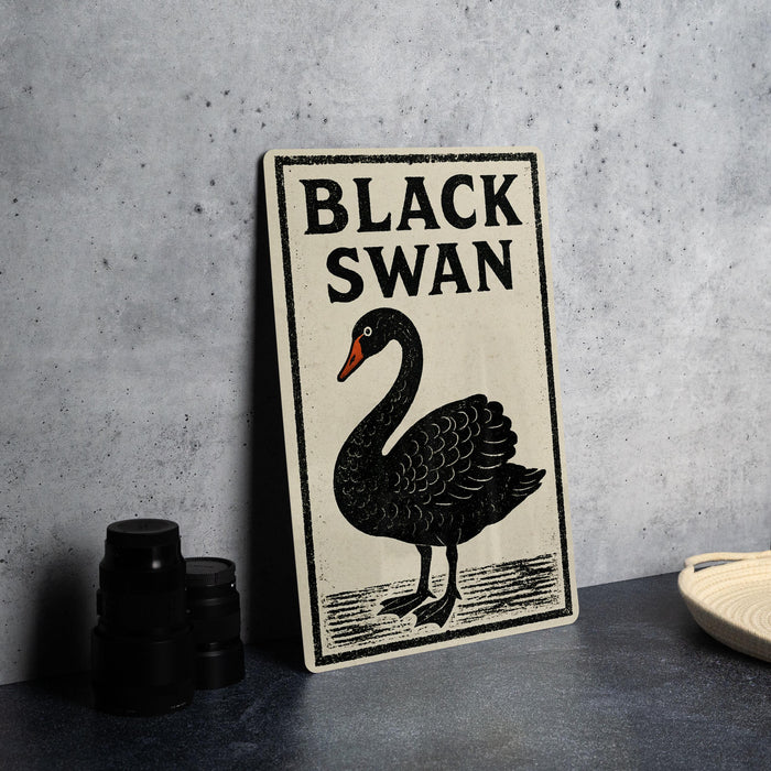 a sign with the text "BLACK SWAN" and an illustration of a black swan.