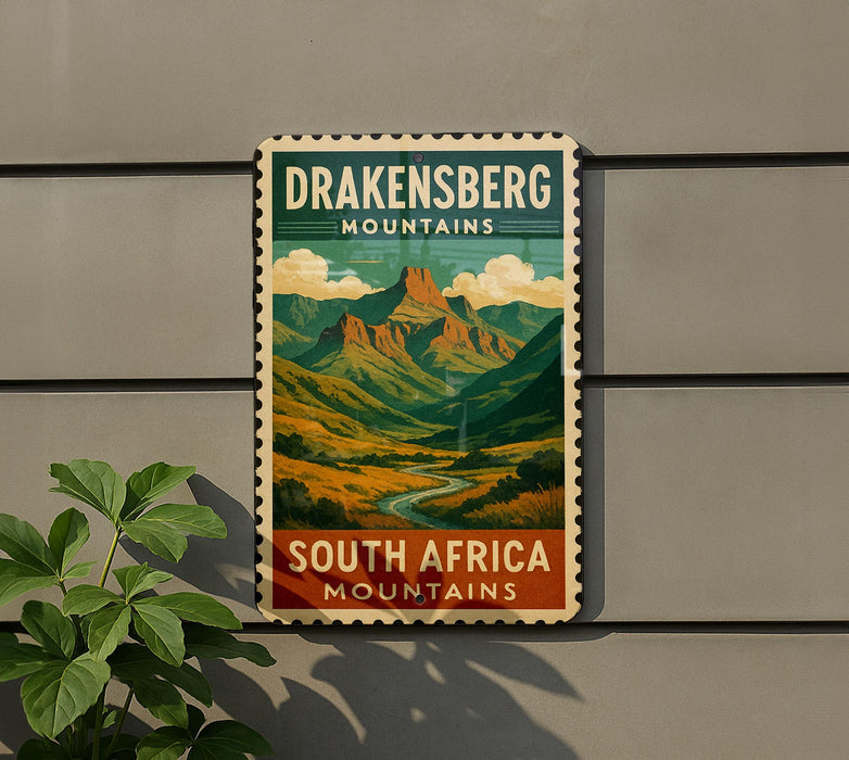 A vintage postage stamp featuring a mountain landscape with the text "DRAKENSBERG MOUNTAINS SOUTH AFRICA" prominently displayed.
