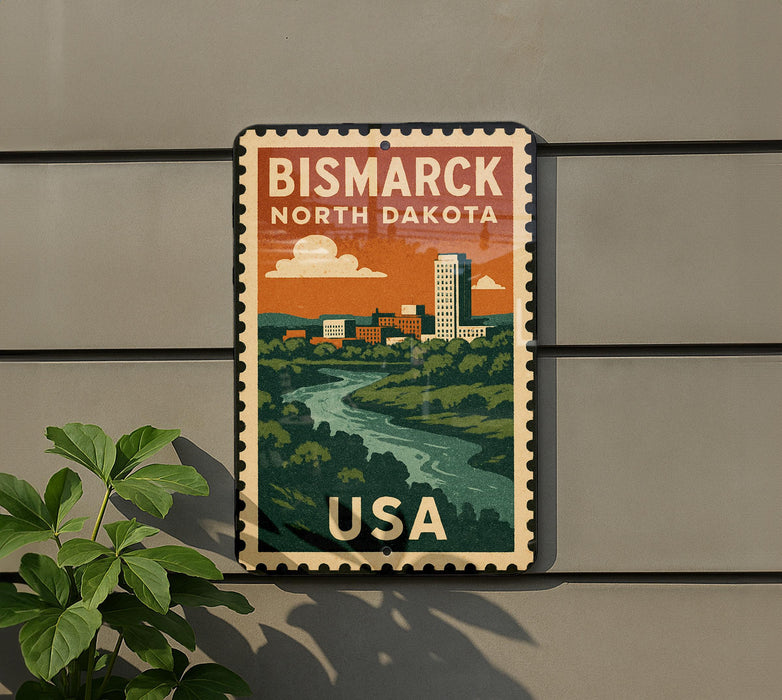A vintage postage stamp depicting a cityscape with a river, mounted on a wall next to a plant.