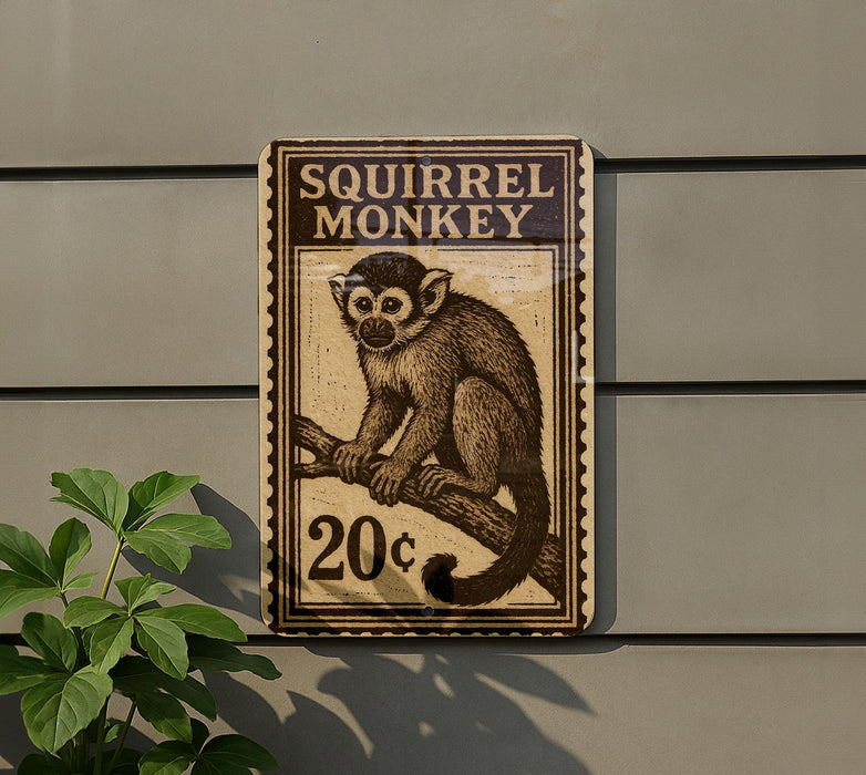 a wooden sign with a monkey illustration, mounted on a wall.