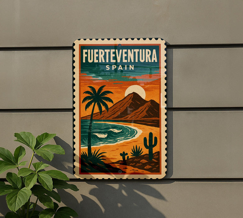 A vintage-style poster of Fuerteventura, Spain, featuring a tropical beach scene with palm trees, mountains, and a sunset.