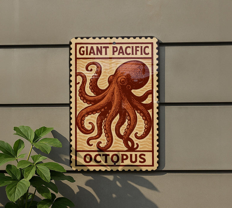 a sign with an illustration of an octopus, mounted on a wall.