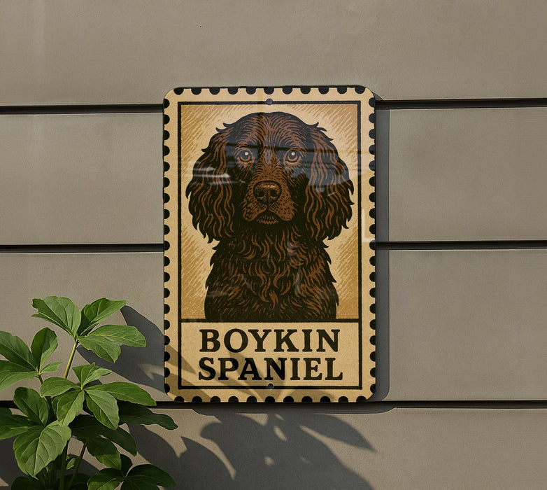 A sign featuring a portrait of a Boykin Spaniel dog, with the text "BOYKIN SPANIEL" below the image.