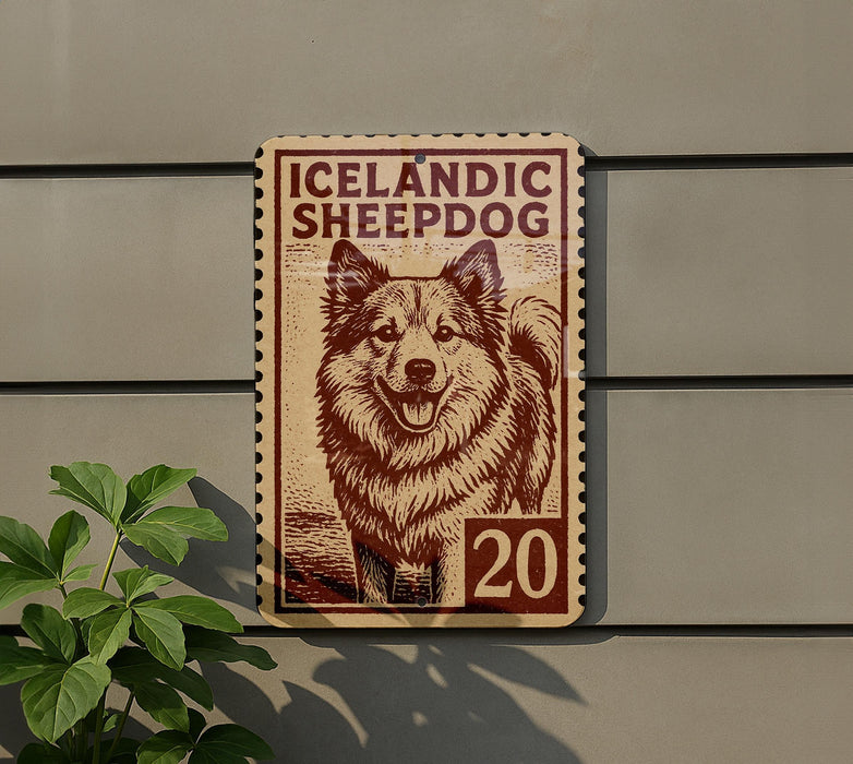 a sign with a picture of a dog, specifically an Icelandic sheepdog, mounted on a wall.
