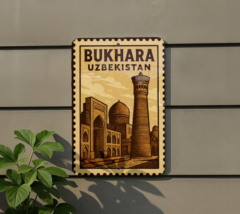 a sign that reads "Bukhara Uzbekistan" with an illustration of a mosque and a tower.