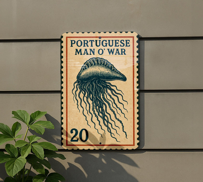 a sign with a marine life illustration, specifically a jellyfish, and the text "Portuguese Man o War" on it.