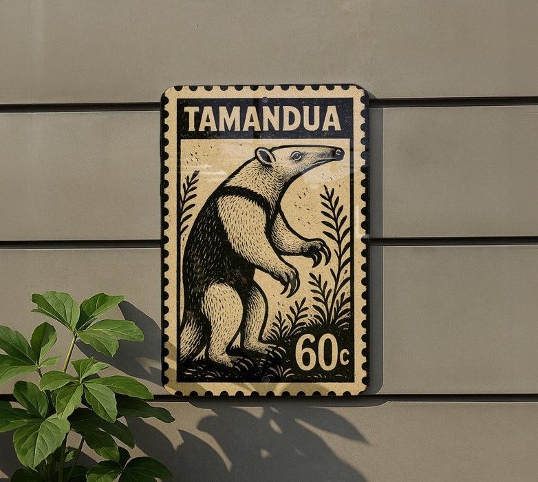 A stamp-like sign featuring an illustration of a Tamandua (Tiger) and the text "TAMANDU" is displayed on a wall.