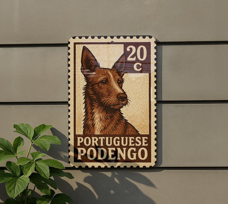 A PortuguesePodengo postage stamp is displayed on a wall, featuring a close-up of a dog's head.