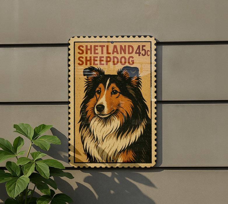 A metal sign with a sheepdog illustration on it, mounted on a wall.