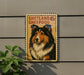 A metal sign with a sheepdog illustration on it, mounted on a wall.