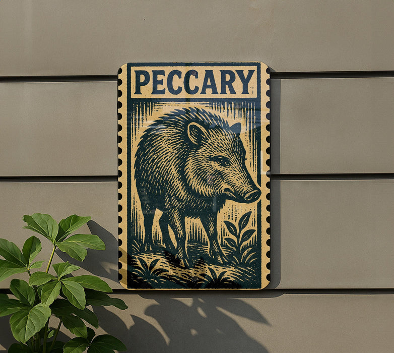 a wooden plaque with a detailed illustration of a wild boar, mounted on a wall.