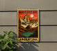 A vintage-style poster of the Monte Fitz Roy mountain range in Argentina, featuring a colorful illustration of the peaks and a serene lake.