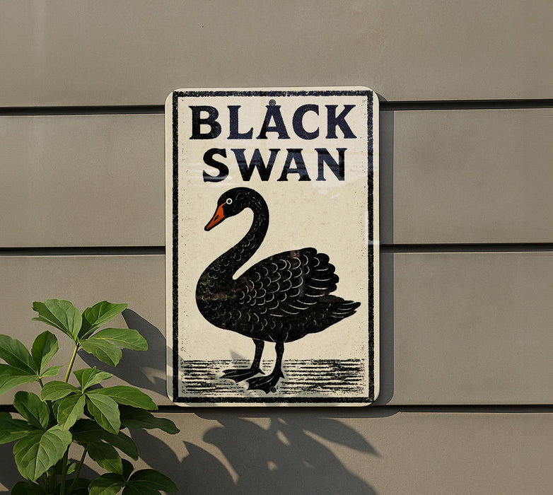 a sign with the text "BLACK SWAN" and a black swan illustration.
