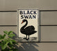 a sign with the text "BLACK SWAN" and a black swan illustration.