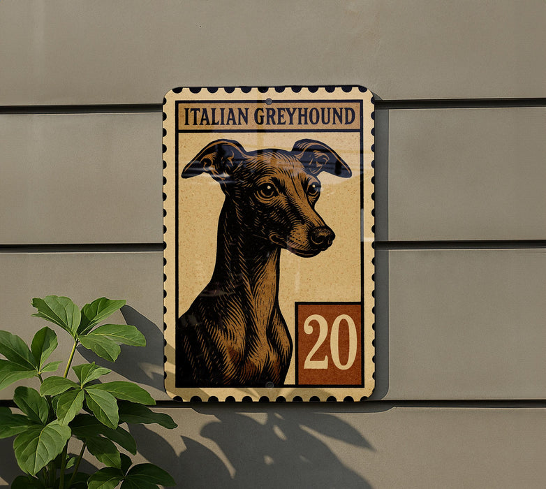 a large stamp-like sign with a picture of an Italian Greyhound dog and the number 20 on it, mounted on a wall.