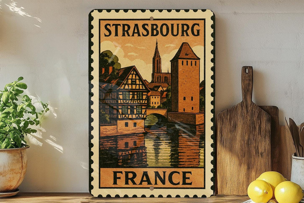 A vintage-style metal sign with a picture of a town and the text "STRASBOURG FRANCE" is displayed on a wall, accompanied by a wooden cutting board and a potted plant.