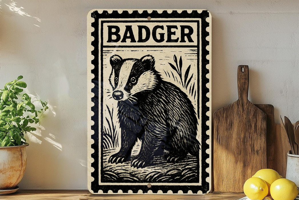 a metal sign with a black and white illustration of a badger, placed on a wooden surface next to a wooden cutting board and some lemons.