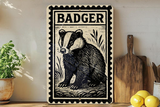 a metal sign with a black and white illustration of a badger, placed on a wooden surface next to a wooden cutting board and some lemons.