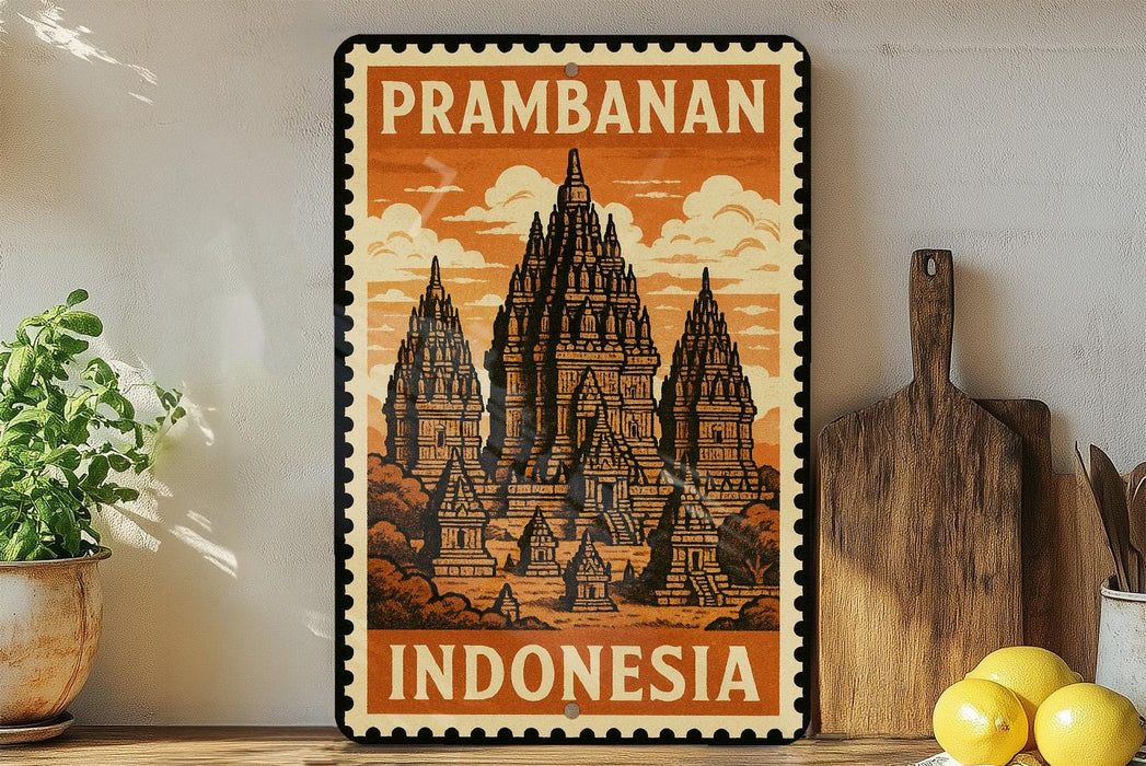 a vintage-style stamp or sign with an illustration of a temple, placed on a shelf next to a wooden cutting board and some potted plants.