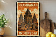 a vintage-style stamp or sign with an illustration of a temple, placed on a shelf next to a wooden cutting board and some potted plants.