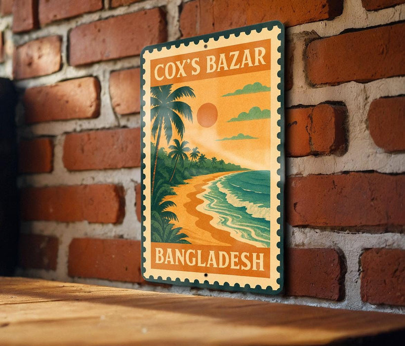 A vintage-style sign for Cox's Bazar, Bangladesh, featuring a tropical beach scene with palm trees and a sunset.