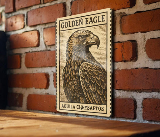 a wooden table with a framed poster of a golden eagle on it, mounted on a brick wall.