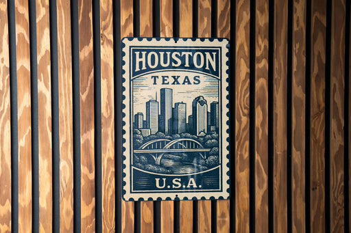 A vintage-style postage stamp from Texas, featuring a cityscape and a bridge, is displayed on a wooden wall.